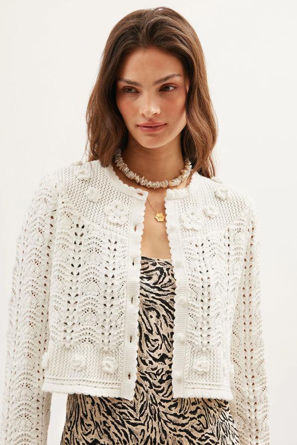 Rixo Kyra Cotton Crochet Cardigan Cream