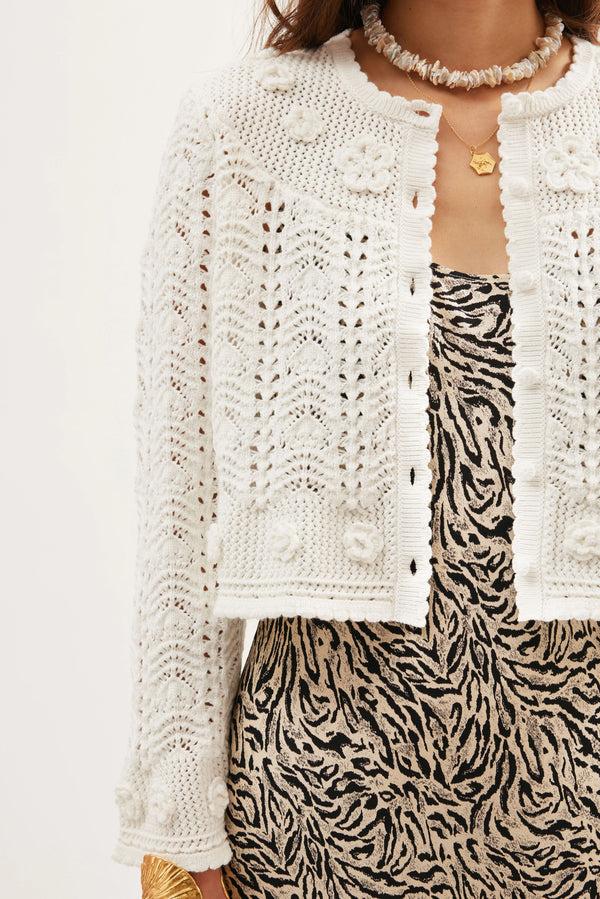 Rixo Kyra Cotton Crochet Cardigan Cream