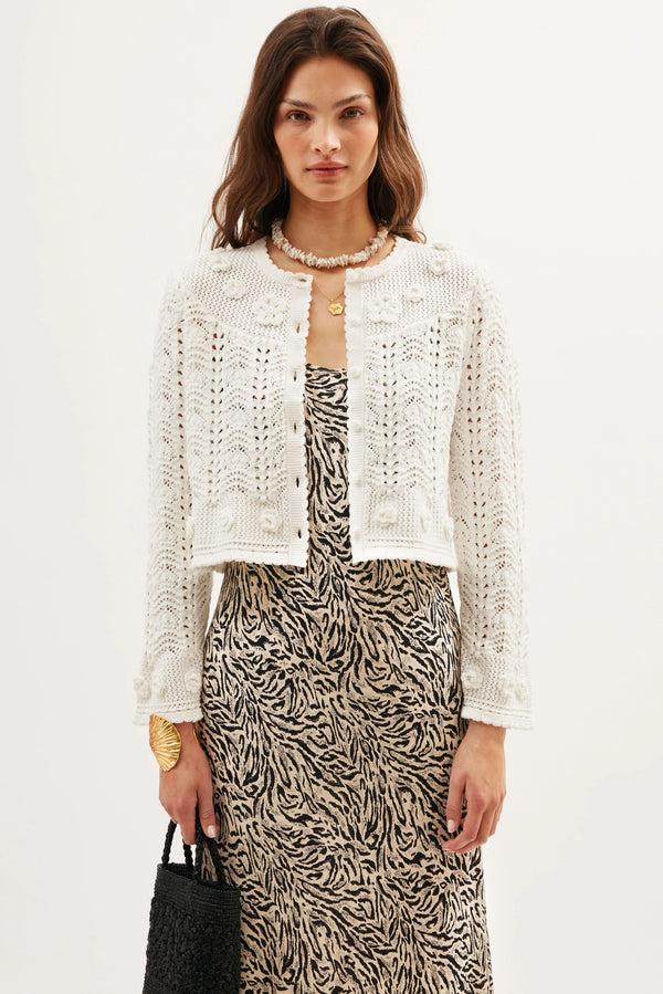 rixo Kyra Cotton Crochet Cardigan Cream
