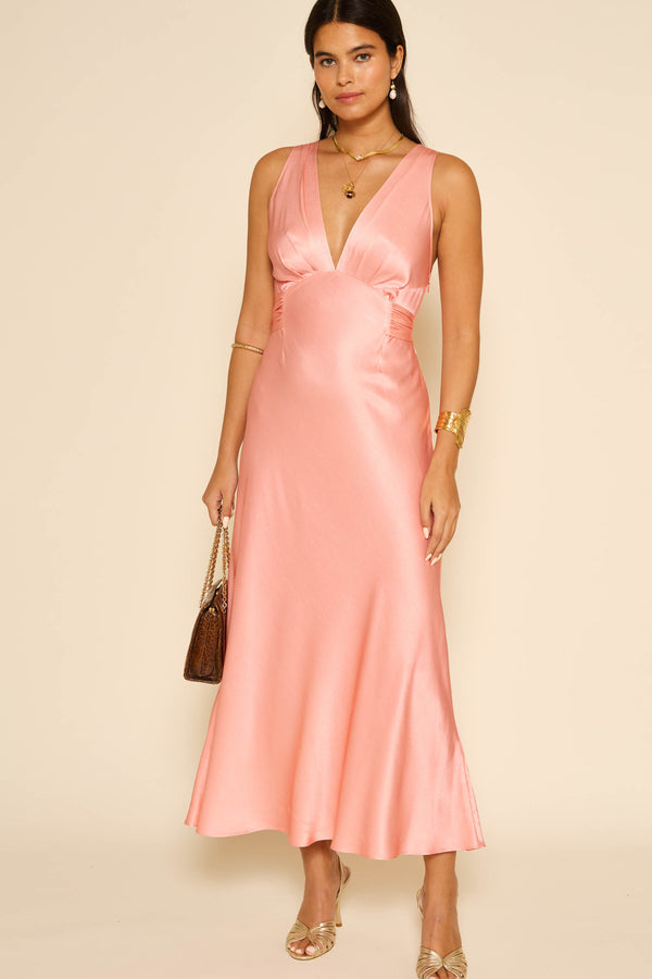 rixo Lauriane Satin Midi Dress Coral