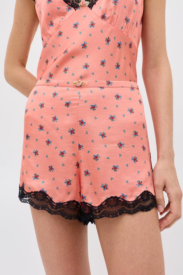 Rixo Lealia Satin Shorts Peonies Ditsy Coral