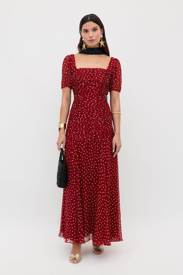 Rixo Leyane Chiffon Dress Layla Dot Red