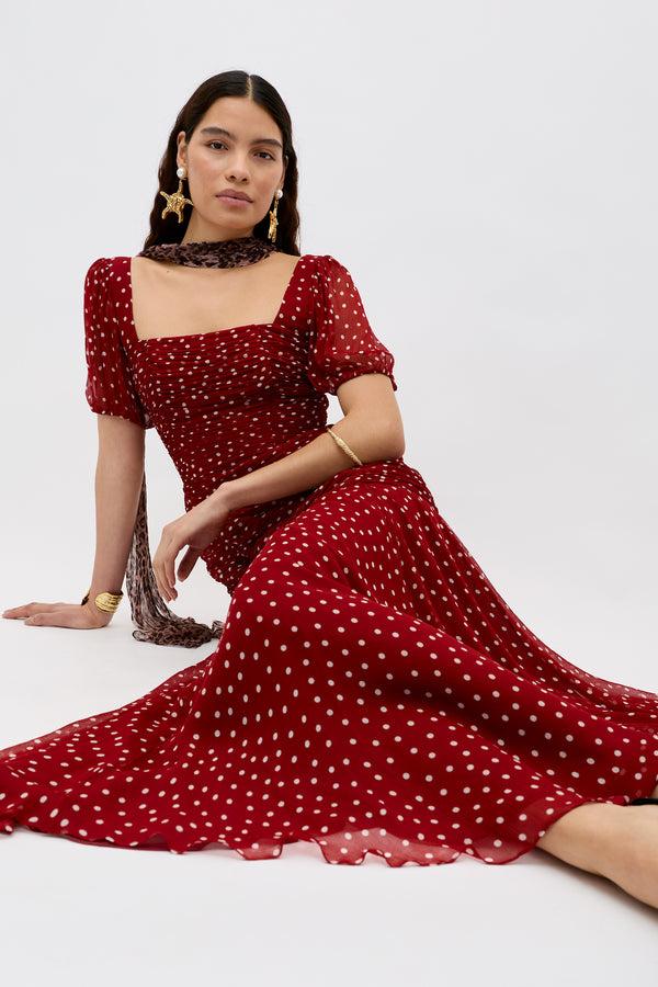 rixo Leyane Chiffon Dress Layla Dot Red
