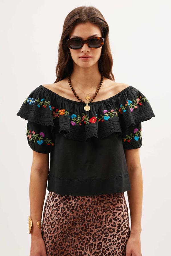 Rixo Lisette Top Ombre Floral Embroidery Black