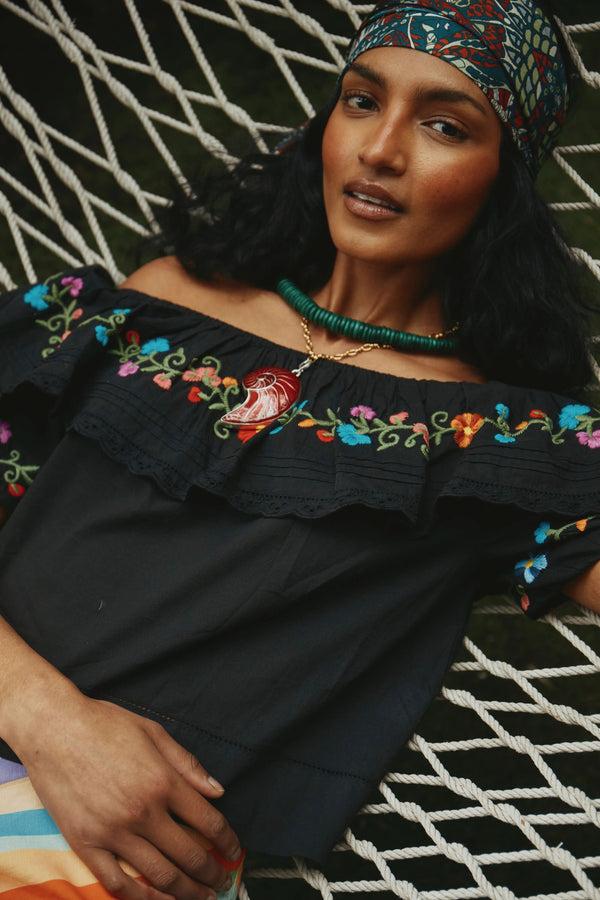 Rixo Lisette Top Ombre Floral Embroidery Black