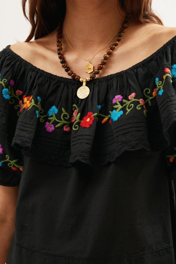 Rixo Lisette Top Ombre Floral Embroidery Black