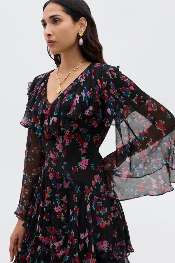 Rixo Loralyn Silk Dress City Floral Black