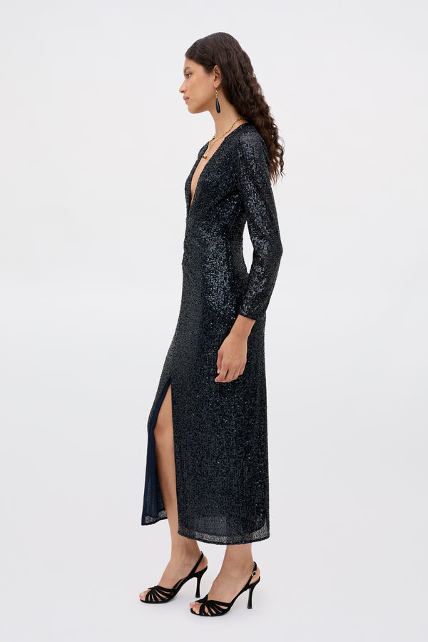 Rixo Lorenzo Dress Embellishment Navy