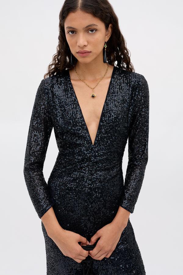 Rixo Lorenzo Dress Embellishment Navy