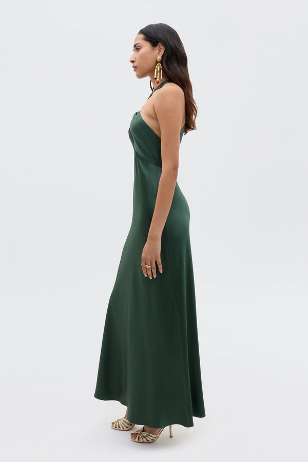 Rixo Losanna Satin Gown Forest Green