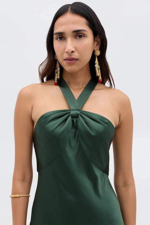 Rixo Losanna Satin Gown Forest Green