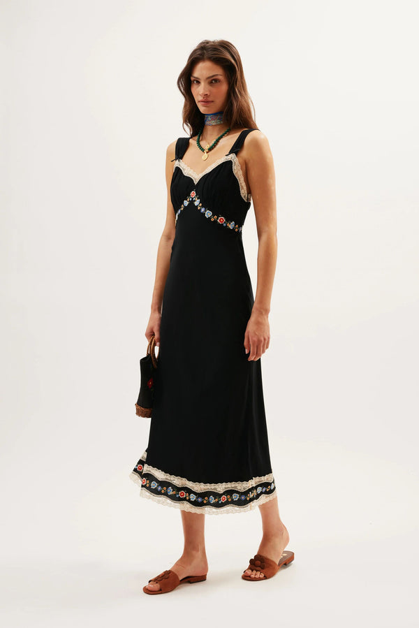 Rixo Lucie Midi Dress Bloom Embroidery Black