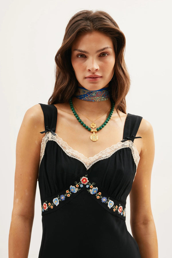 Rixo Lucie Midi Dress Bloom Embroidery Black