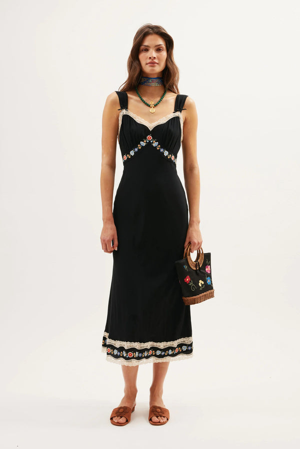 rixo Lucie Midi Dress Bloom Embroidery Black