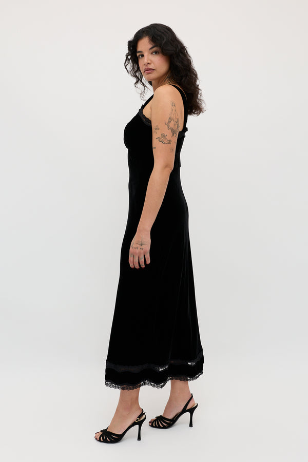 Rixo Lucie Silk-Velvet Midi Dress Black