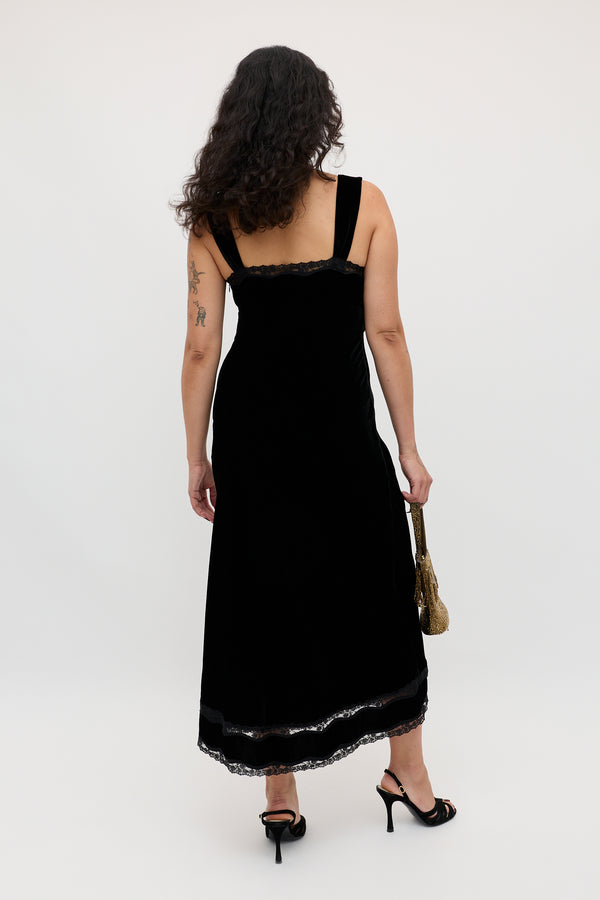 Rixo Lucie Silk-Velvet Midi Dress Black