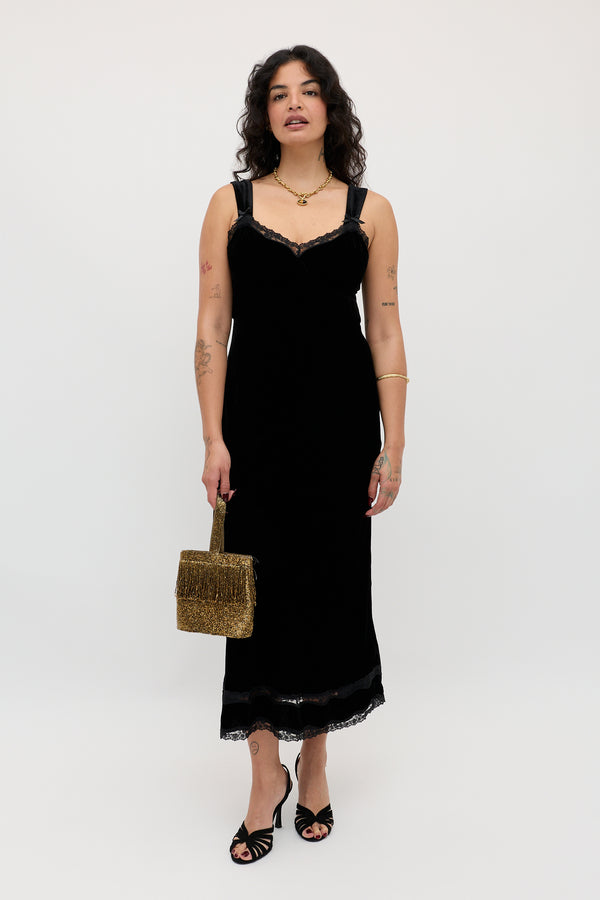 rixo Lucie Silk-Velvet Midi Dress Black