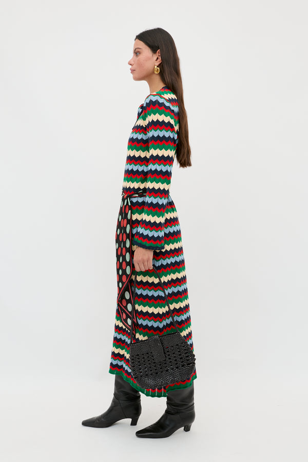 Rixo Lucila Knitted Midi Dress Retro Chevron Blue