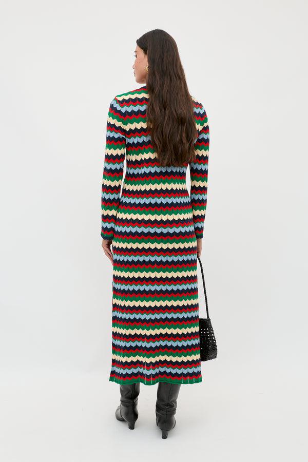 Rixo Lucila Knitted Midi Dress Retro Chevron Blue