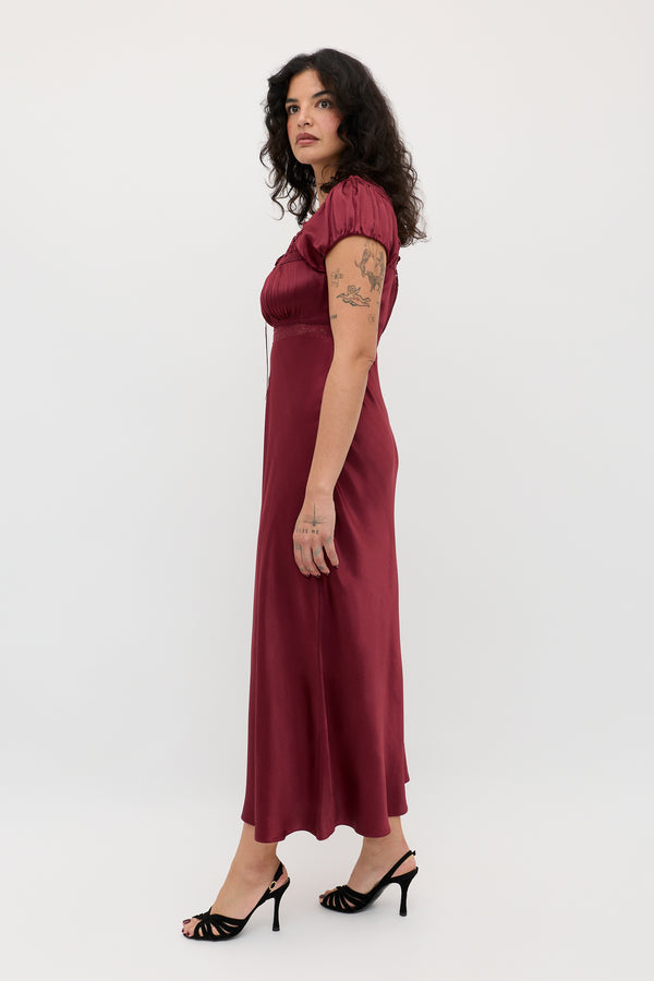 Rixo Maeva Satin Midi Dress Maroon