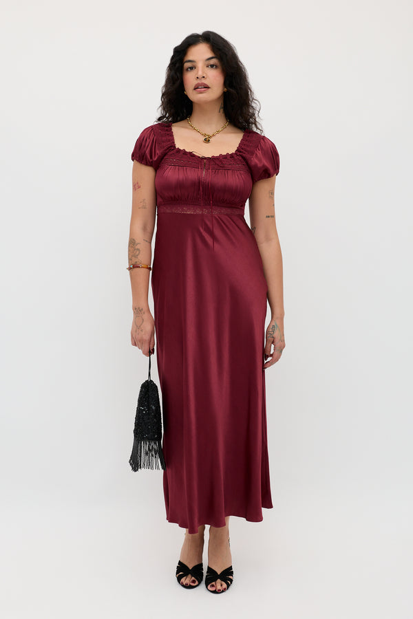 Rixo Maeva Satin Midi Dress Maroon