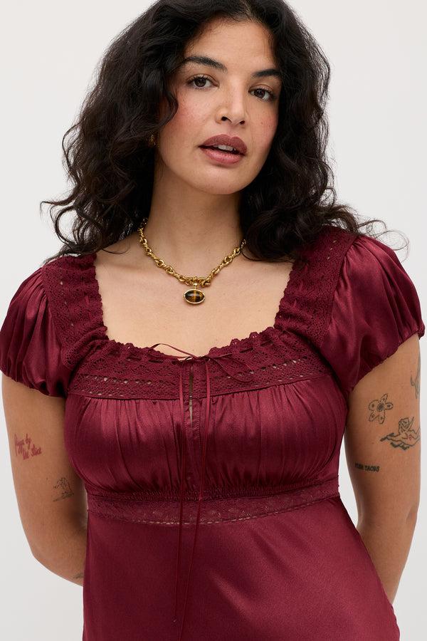 Rixo Maeva Satin Midi Dress Maroon