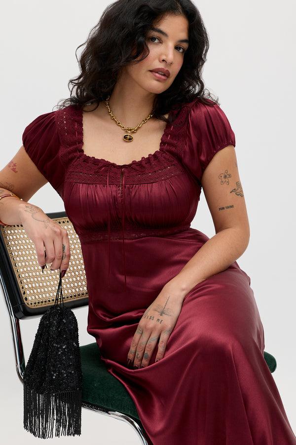 rixo Maeva Satin Midi Dress Maroon