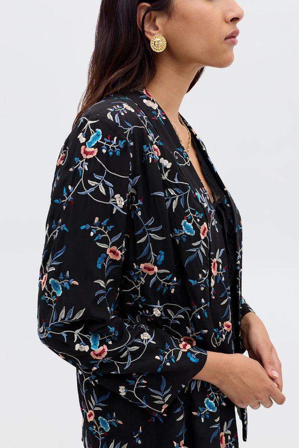 Rixo Malachy Jacket Botanical Embroidery Black