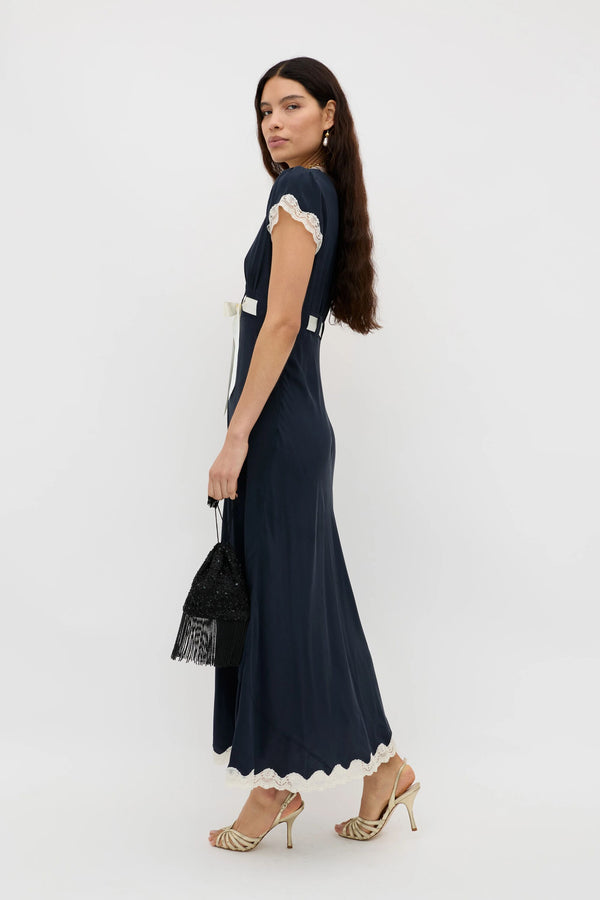 Rixo Marlice Silk Midi Dress Deep Navy