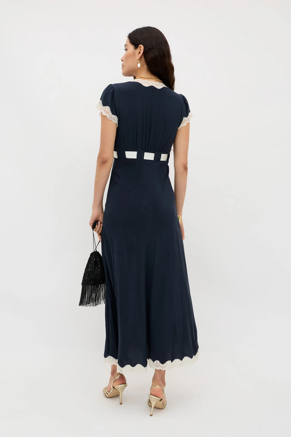 Rixo Marlice Silk Midi Dress Deep Navy