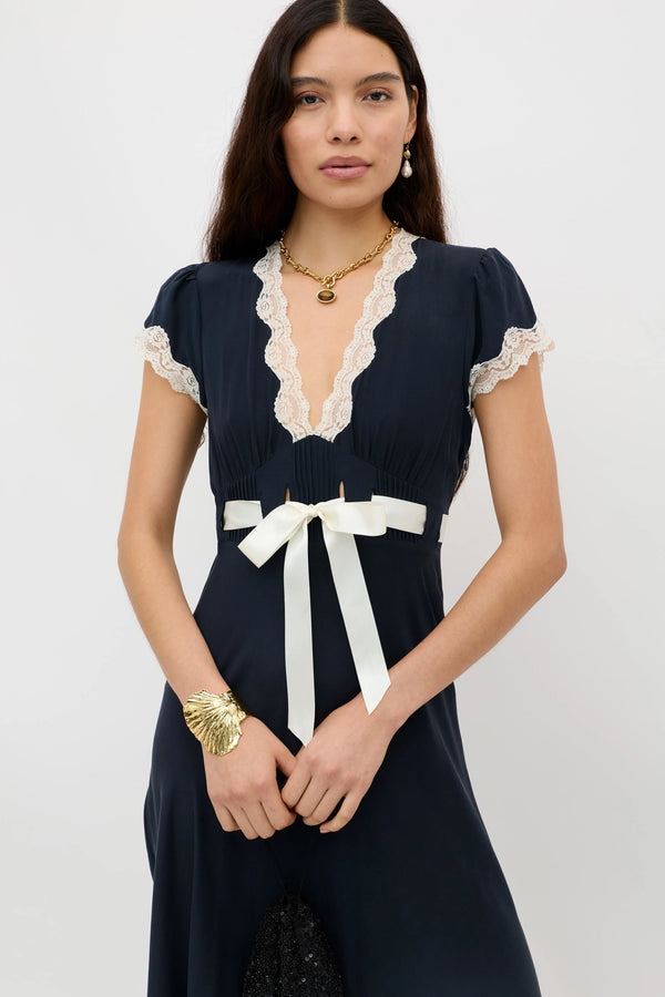 Rixo Marlice Silk Midi Dress Deep Navy