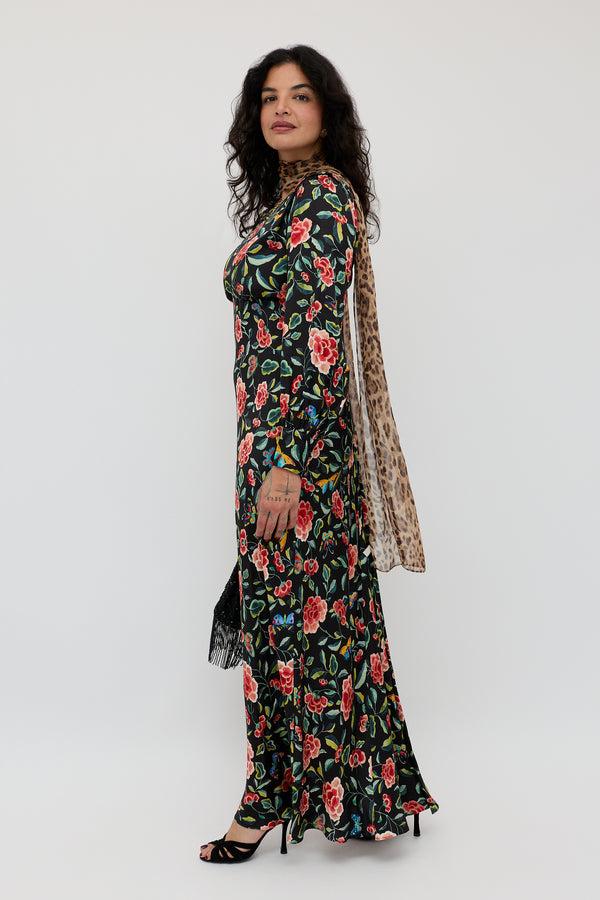 Rixo Marni Satin Gown Butterfly Floral Black