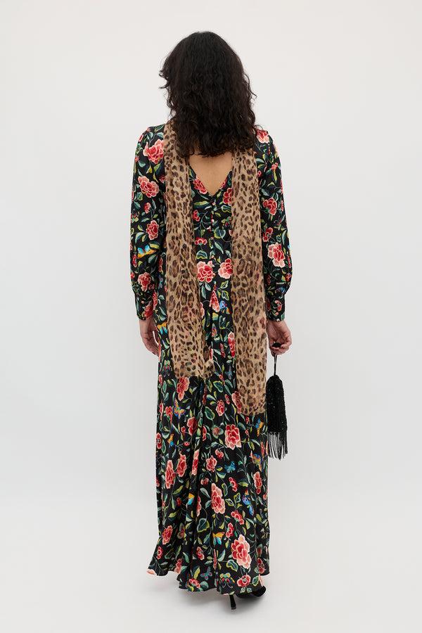 Rixo Marni Satin Gown Butterfly Floral Black