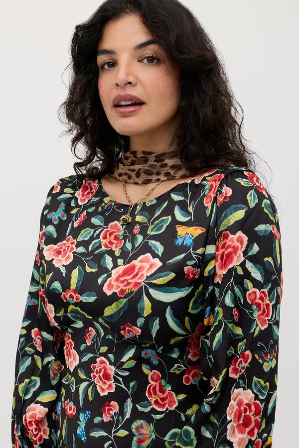 Rixo Marni Satin Gown Butterfly Floral Black