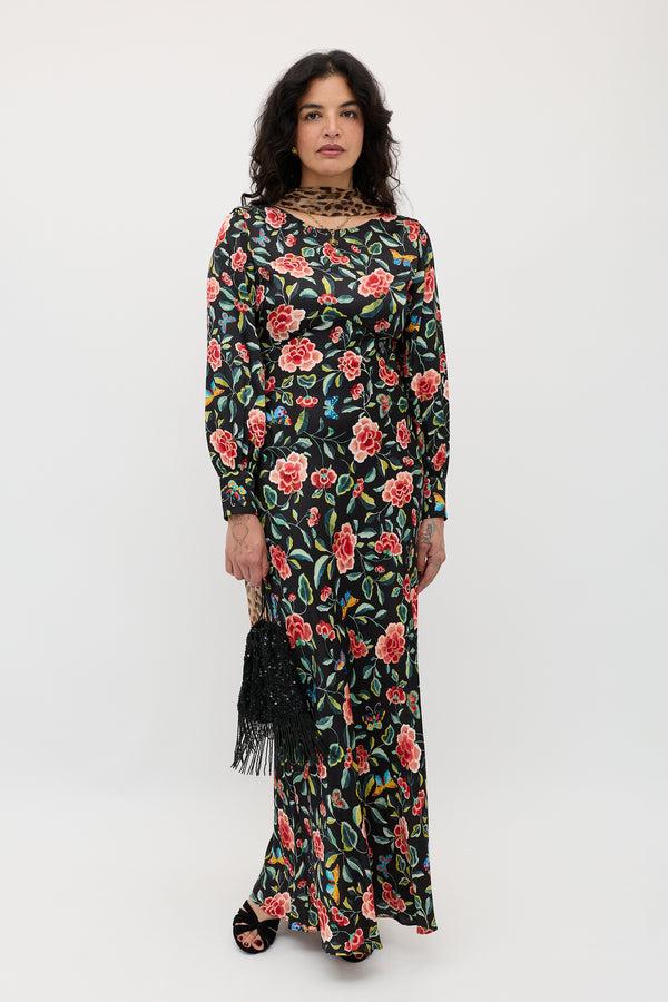 rixo Marni Satin Gown Butterfly Floral Black