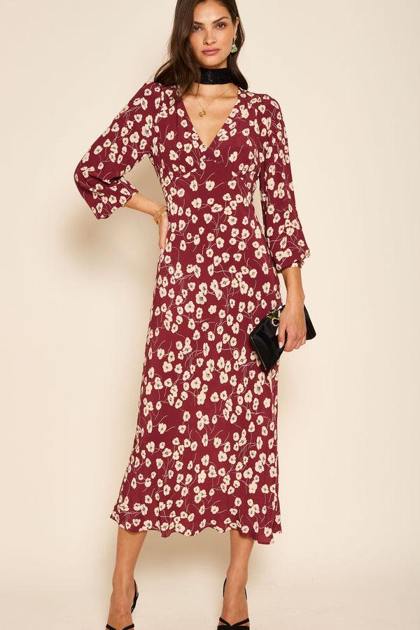 Rixo Mavis Midi Dress Autumn Cherry Maroon