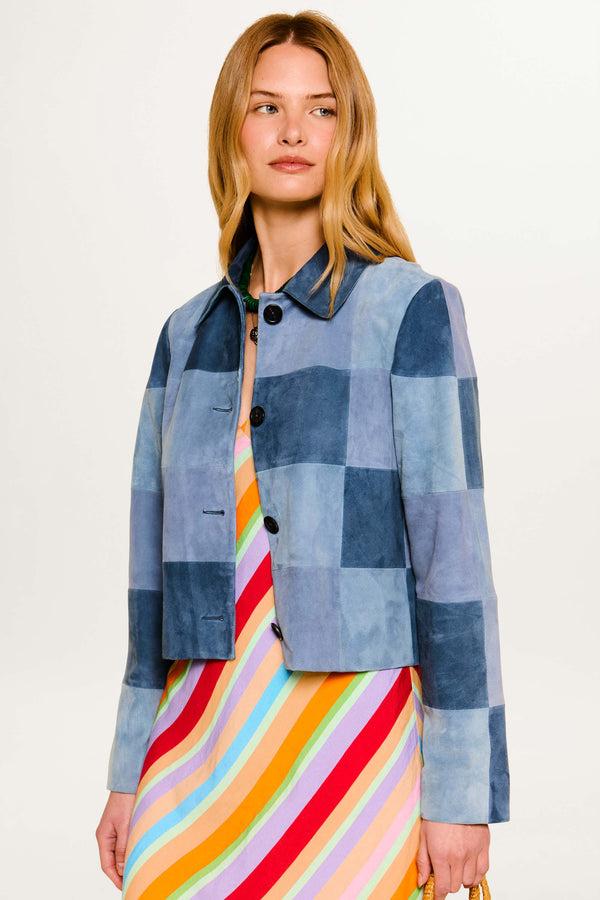 Rixo Mazara Suede Jacket Patchwork Blue