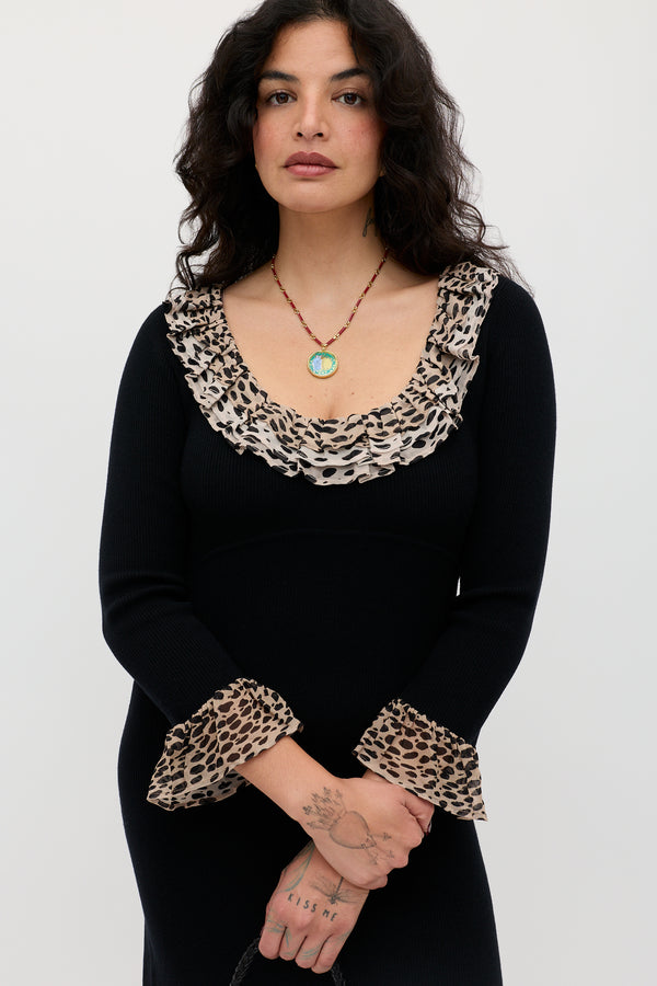 Rixo Mika Wool-Blend Dress Antelope Spot Black