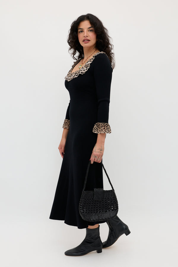 Rixo Mika Wool-Blend Dress Antelope Spot Black