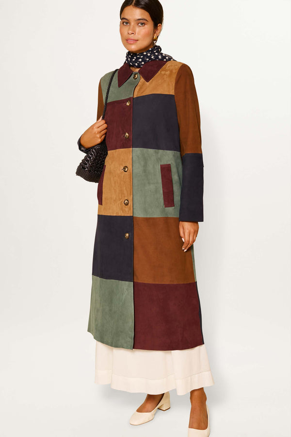 Rixo Milly Suede Coat Patchwork Tan