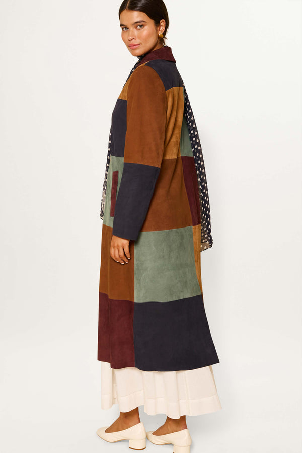 Rixo Milly Suede Coat Patchwork Tan