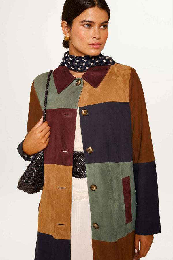 Rixo Milly Suede Coat Patchwork Tan