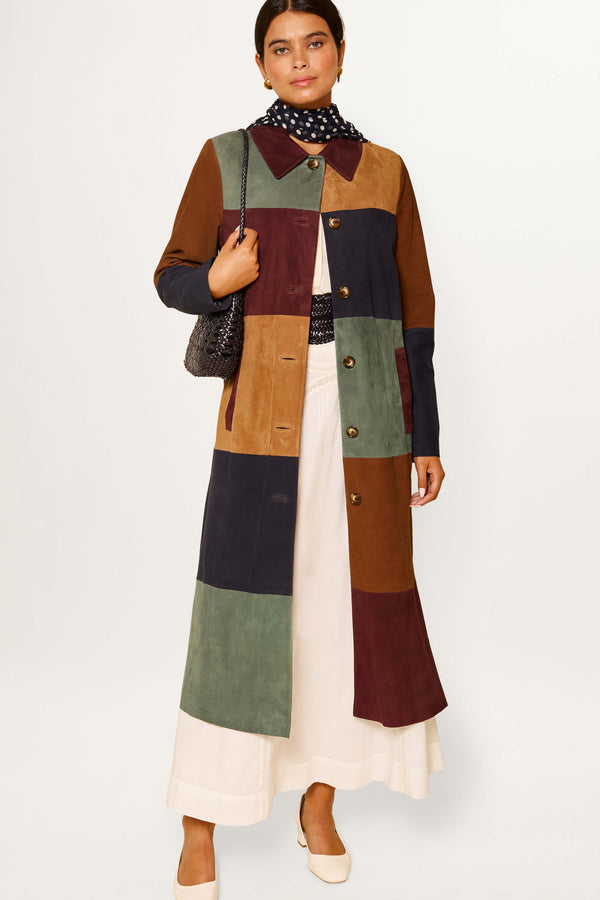 rixo Milly Suede Coat Patchwork Tan