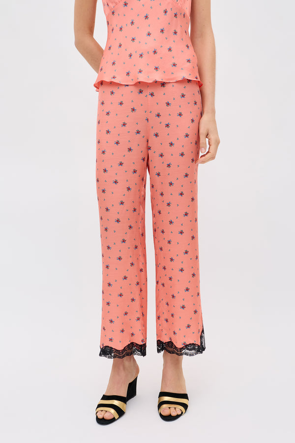 Rixo Mireille Satin Trouser Peonies Ditsy Coral