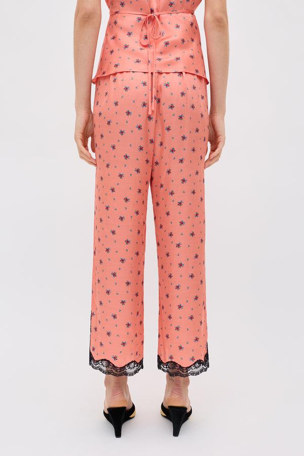Rixo Mireille Satin Trouser Peonies Ditsy Coral