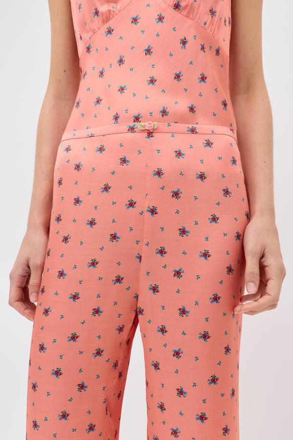 Rixo Mireille Satin Trouser Peonies Ditsy Coral