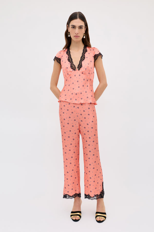 rixo Mireille Satin Trouser Peonies Ditsy Coral