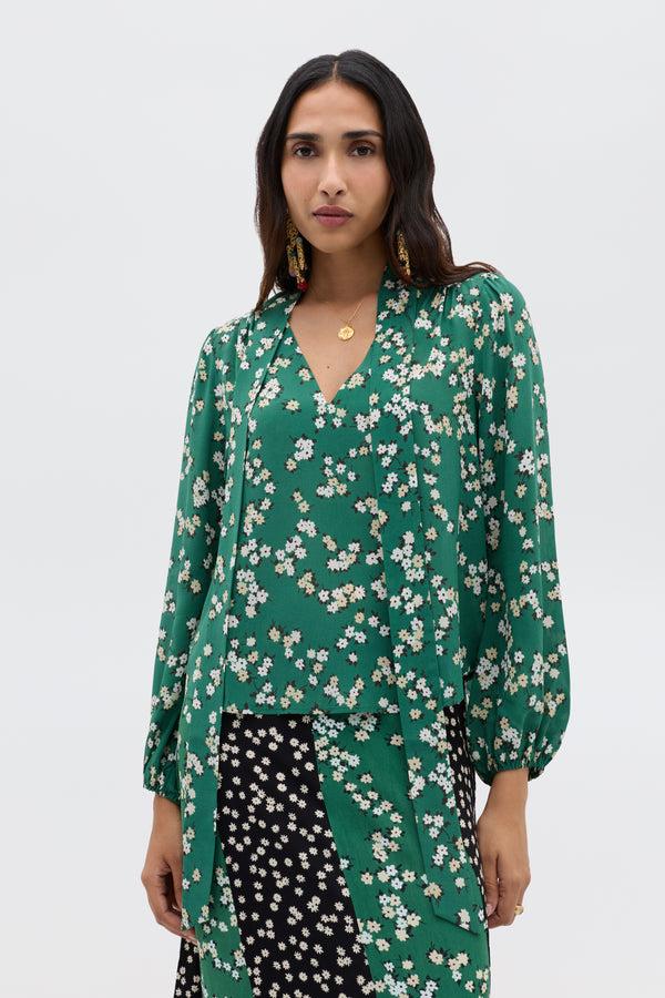 rixo Moss Silk Blouse City Floral Olive