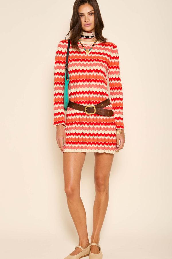 Rixo Mylene Cotton Mini Dress Retro Chevron Red