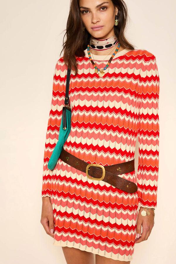 rixo Mylene Cotton Mini Dress Retro Chevron Red